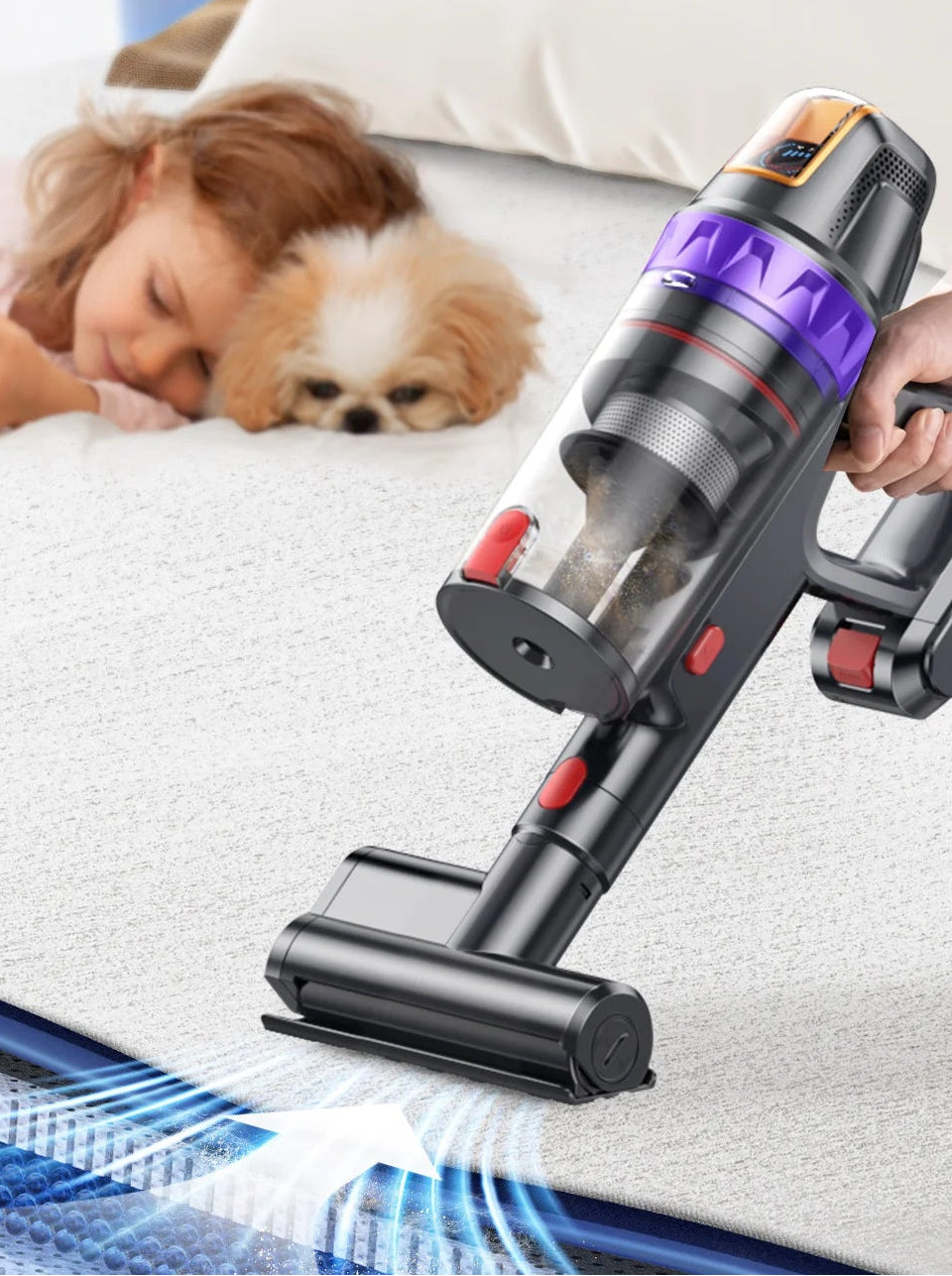 Aspirateur sans fil BUTURE 600W aspirant un matelas pour éliminer poils d’animaux et poussières fines

