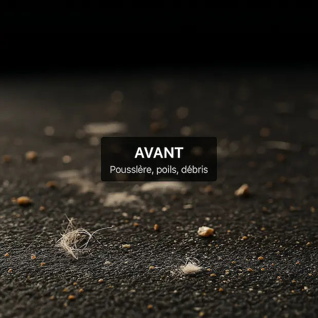 Sol avant nettoyage avec poussières, poils et débris incrustés sur tapis