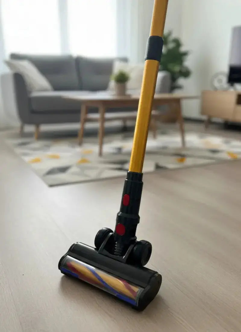 Aspirateur balai Nooralya VC90 utilisé sur sol dur dans un salon, illustrant l’utilisation quotidienne